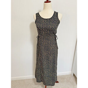 Vintage 90s Rayon Black Yellow Floral Sleeveless Maxi Dress Waist Tie Size 6P